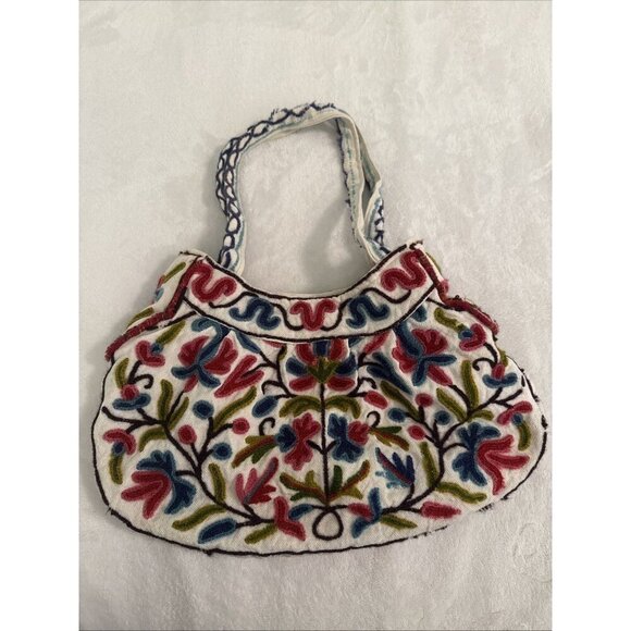 Mitra Wool Embroidered Flowers Purse Shoulder Bag Boho Chic Nepal Sustainable - Picture 1 of 13